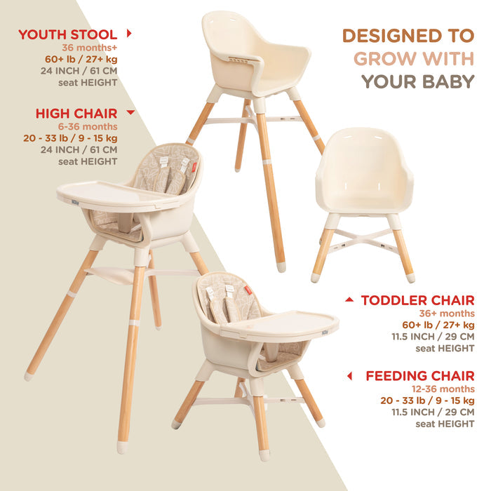 Four beige and wood-finish baby chairs are displayed, featuring the Nuby 4-in-1 Multi-Use High Chair | Beige Lines, which grows with your child. Details include recommended age range, weight limits, and seat heights.
