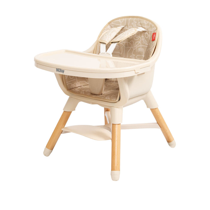 The Nuby 4-in-1 Multi-Use High Chair | Beige Lines features a tray, safety harness, patterned cushion, footrest, and wooden legs—perfect for feeding infants and toddlers as it grows with your child.
