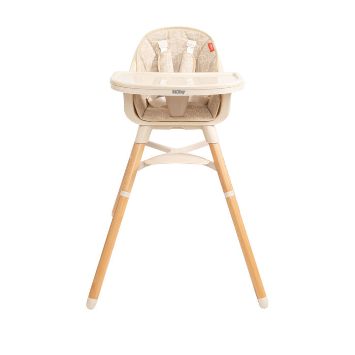 The Nuby 4-in-1 Multi-Use High Chair | Beige Lines features a cushioned seat, safety straps, detachable tray, and sturdy wooden legs—perfect for growing with your child.