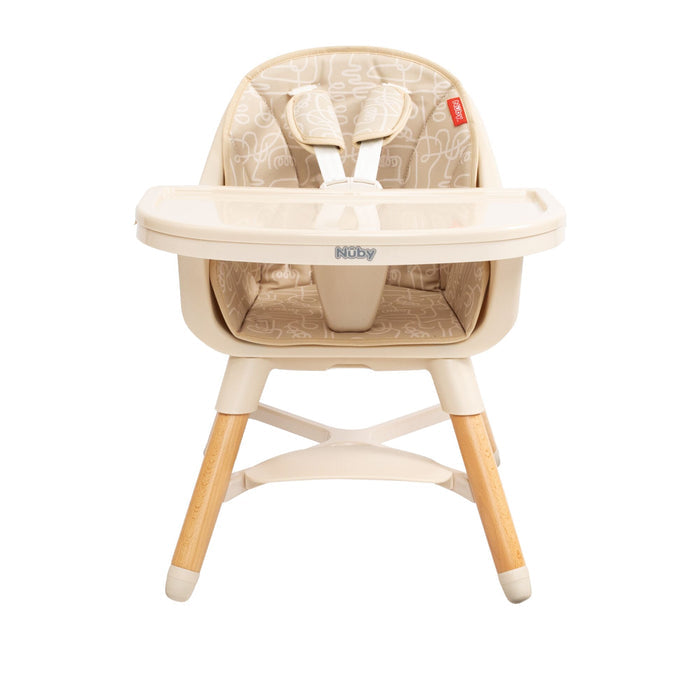 The Nuby 4-in-1 Multi-Use High Chair | Beige Lines features a cushioned seat with a subtle white pattern, safety harness, detachable tray with Nuby branding, light wooden legs, and adapts as your child grows.