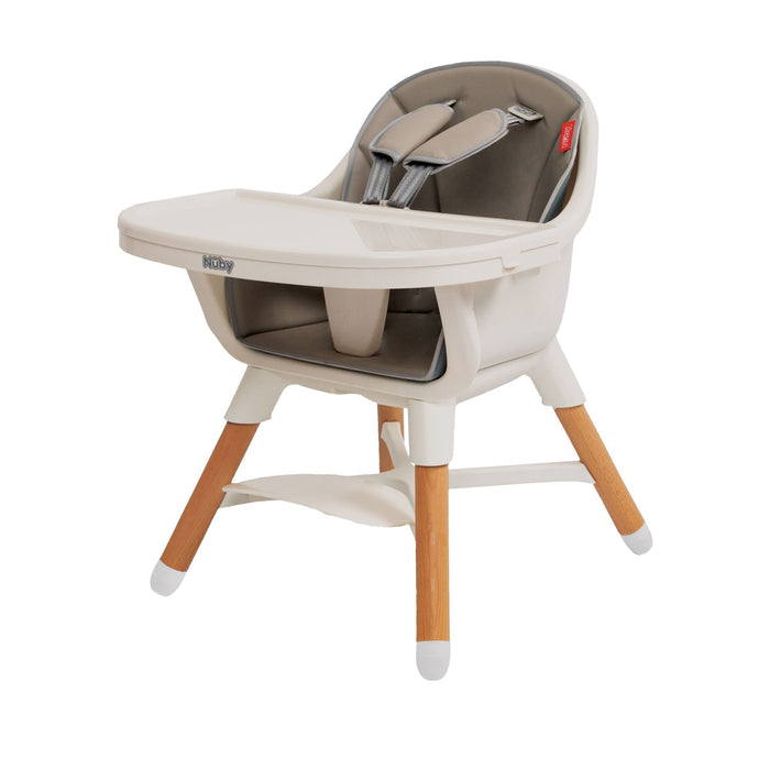 The Nuby 4-in-1 Multi-Use High Chair in Dark Beige features a white plastic seat and tray, grey padding, safety harness, and wooden legs with white and orange tips—designed to adapt as your child grows.