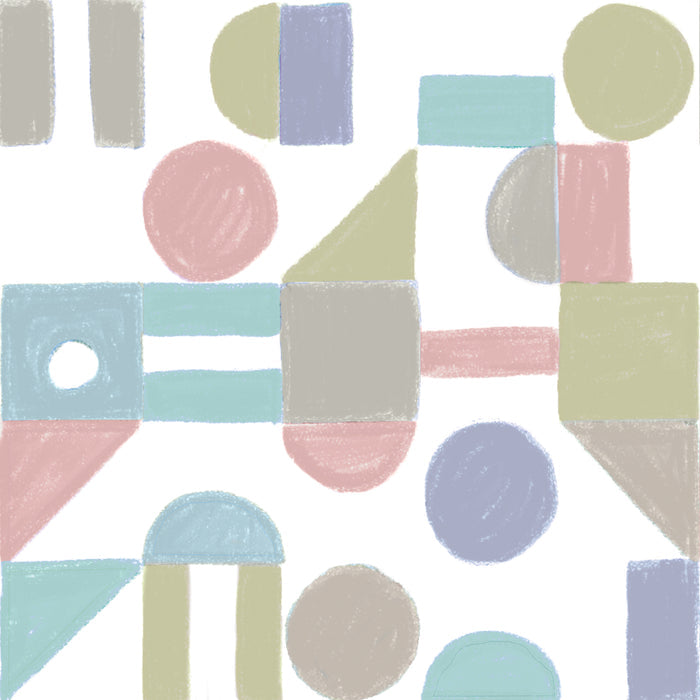 Pastel geometric shapes in soft blue, pink, yellow, gray, and green adorn the Nuby 4-in-1 Multi-Use High Chair | White Geometrics, blending abstract charm with adaptable design for your space.