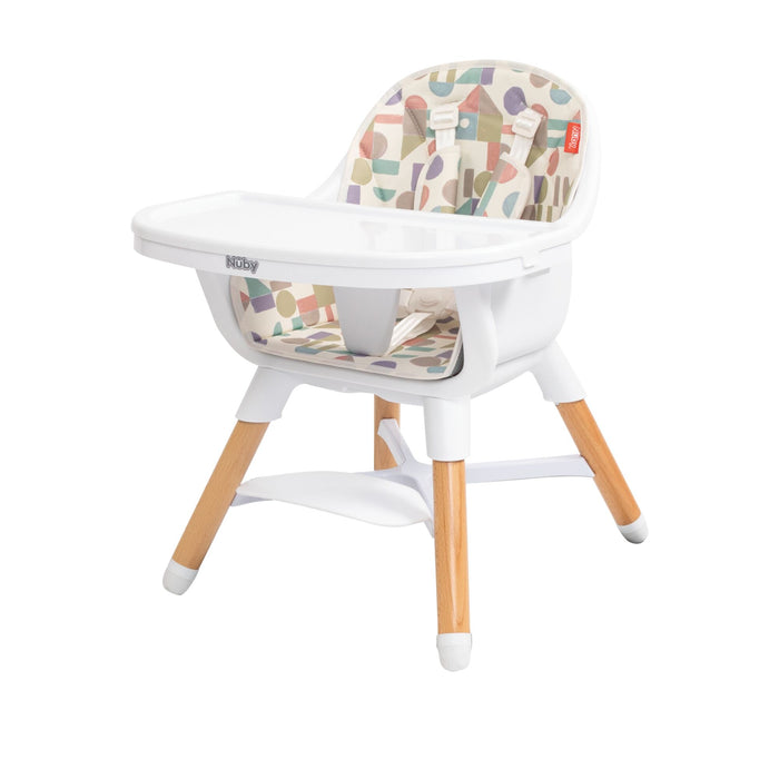 The Nuby 4-in-1 Multi-Use High Chair | White Geometrics features wooden legs, a footrest, a colorful abstract-patterned cushion, and a tray. It adapts as your child grows for extended use.