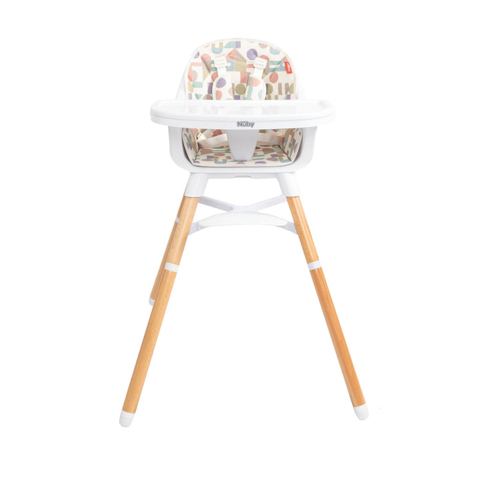 The Nuby 4-in-1 Multi-Use High Chair | White Geometrics features wooden legs and a colorful geometric-patterned seat, designed to grow with your child.