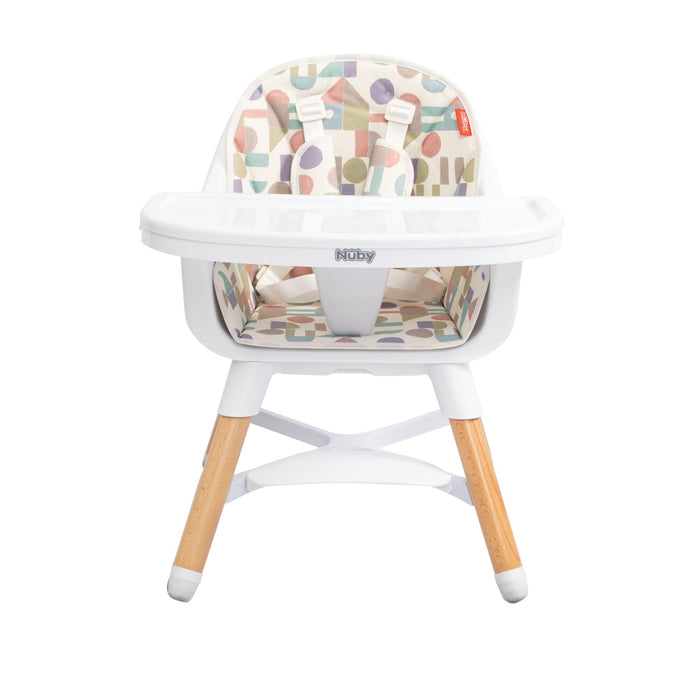 The Nuby 4-in-1 Multi-Use High Chair | White Geometrics features a white frame, wooden legs, a white tray, and a geometric-patterned seat in soft colors—designed to grow with your child.