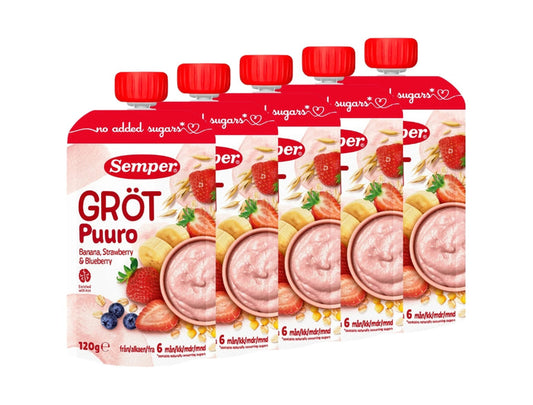 5 x Semper Gröt med Jordgubb, Banan & Blåbär – Swedish Oat Porridge Pouches for Babies from 6 Months, 5 x 120g