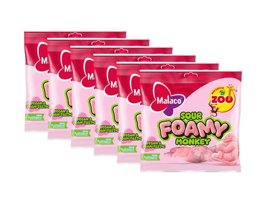 Malaco Zoo Sour Foamy Monkey 6 × 115g – Swedish soft foam monkey-shaped candy with fruity Zoo flavour and sour-sugar coating, gelatin-free and vegan