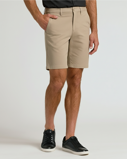 Man wearing 7 Khaki Chino Shorts 2.0 with side pockets.