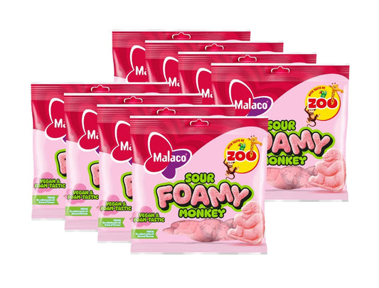 Malaco Zoo Sour Foamy Monkey 8 × 115g – Swedish soft foam monkey-shaped candy with fruity Zoo flavour and sour-sugar coating, gelatin-free and vegan