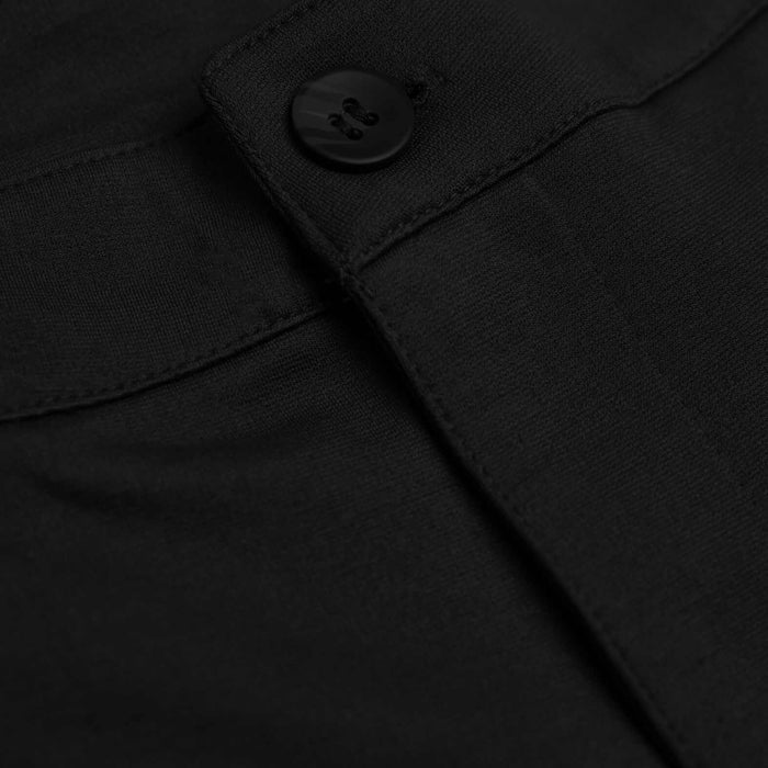 9 Black Comfort Knit Chino Shorts waistband with button detail.