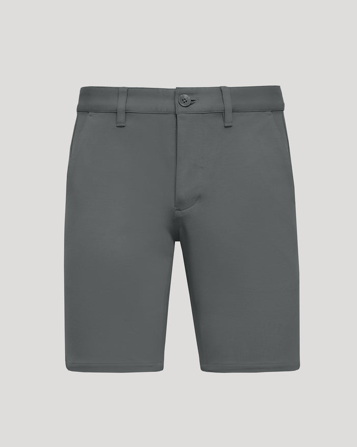 9 Carbon Chino Shorts 2.0, mid-length gray, flat-front, tailored fit.