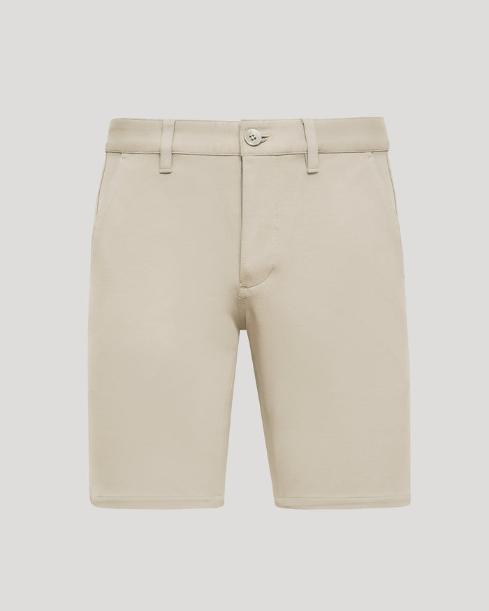 9 Sandstone Chino Shorts 2.0, front view, with pockets and belt loops.