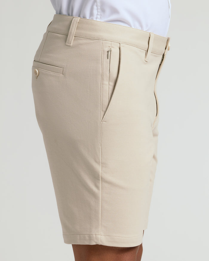 9 Sandstone Chino Shorts 2.0 with zippered pocket and buttoned back pocket.
