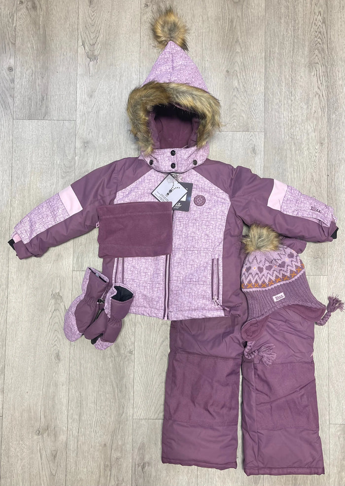 Blizz girls 5-piece snowsuit set in Lavender with jacket, snow pants, toque, neck warmer, and mitts.