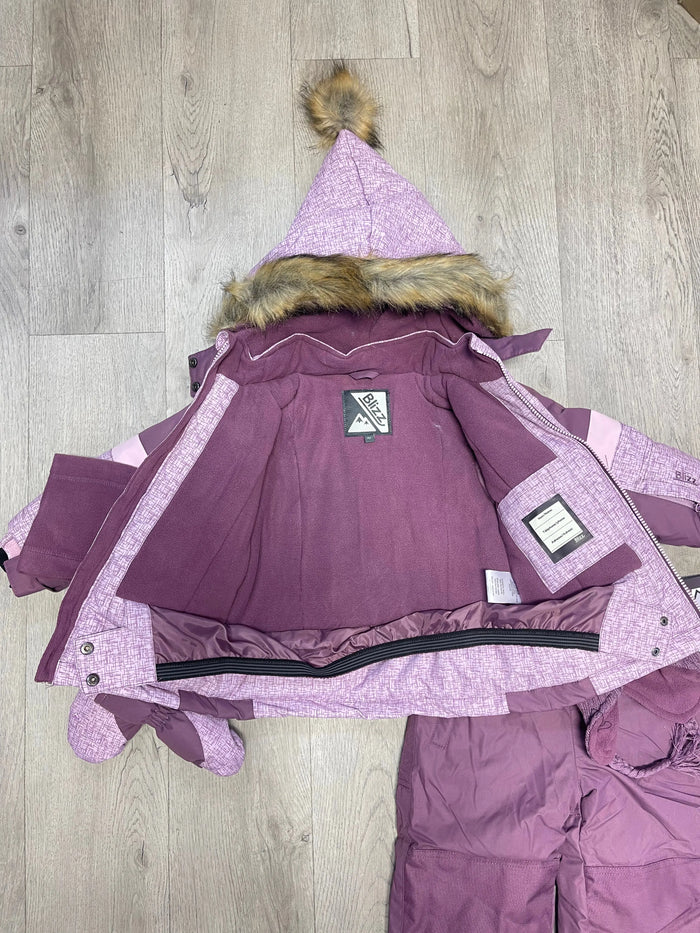 Open view of Blizz girls Lavender snowsuit jacket showing lining, hood, and cold-weather features.