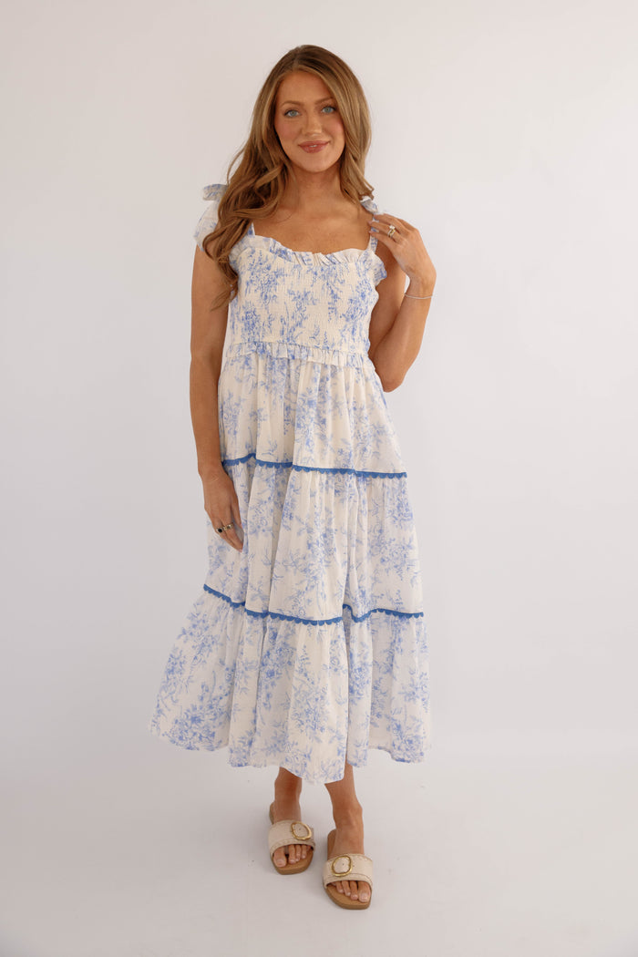 Light Blue Floral Tiered Midi Dress- &Merci Midi Dress