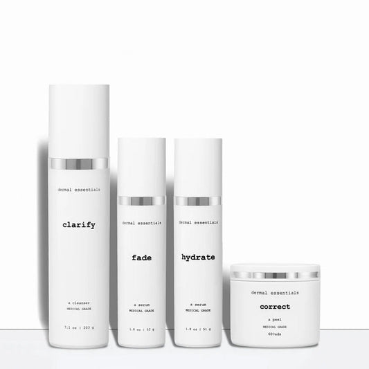 Set of skincare products for acne with labels on a white background
