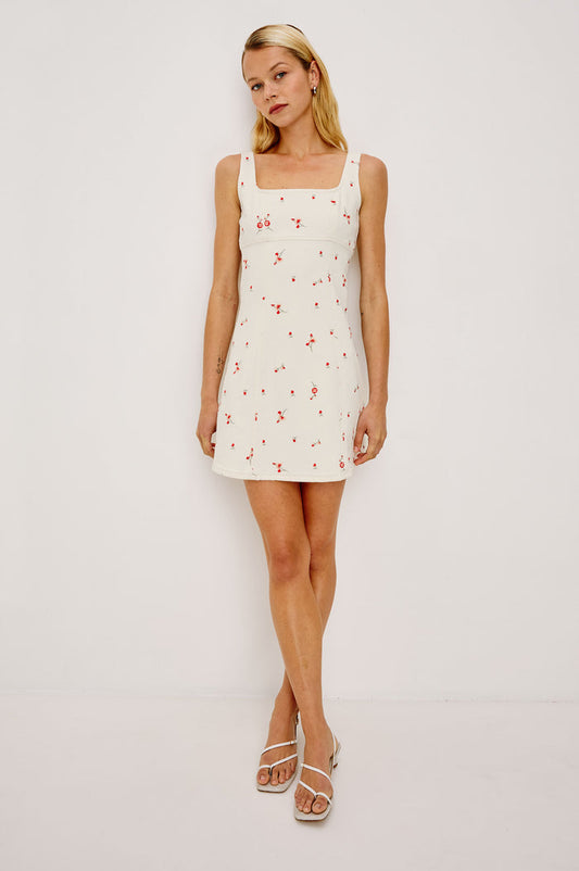 Altadena Mini Dress in Light Stretch Denim With Sleeveless Square Neckline and Back Zip Closure in Ecru Romantic Floral Colorway - Full Body Front View Featured on Model