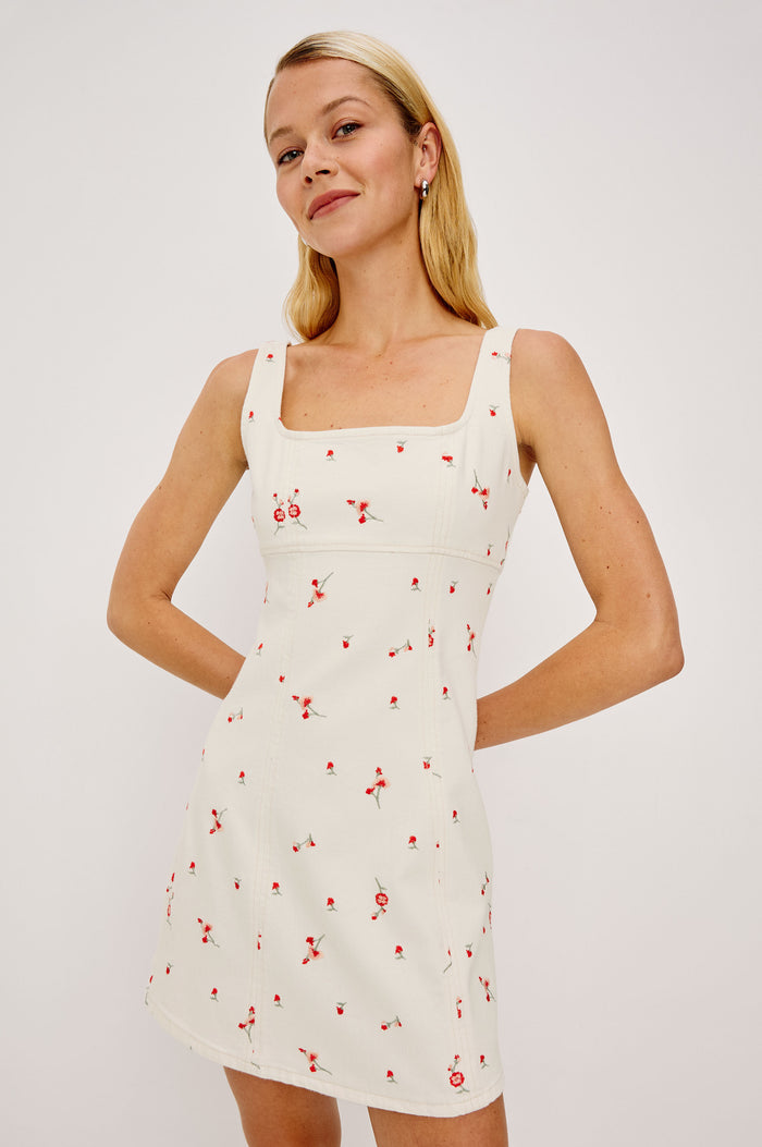 Altadena Mini Dress in Light Stretch Denim With Sleeveless Square Neckline and Back Zip Closure in Ecru Romantic Floral Colorway - Upper Body Front View Featured on Model