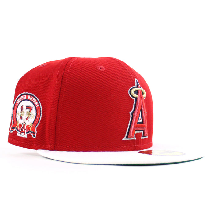 Anaheim Angels Shohei Ohtani 17th Patch New Era 59Fifty Fitted Hat (Scarlet White GREEN Under Brim)