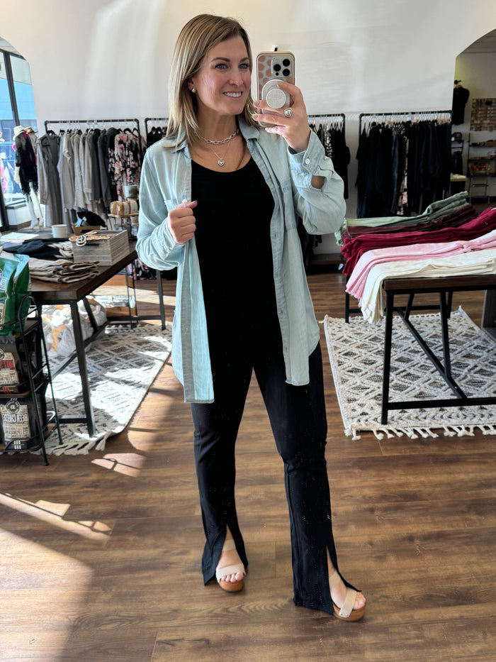 Annie - Slit Hem and Pintuck Flare Stretch Pants