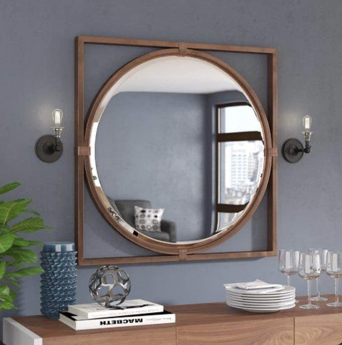 Antique Square Framed Wood Wall Mirror