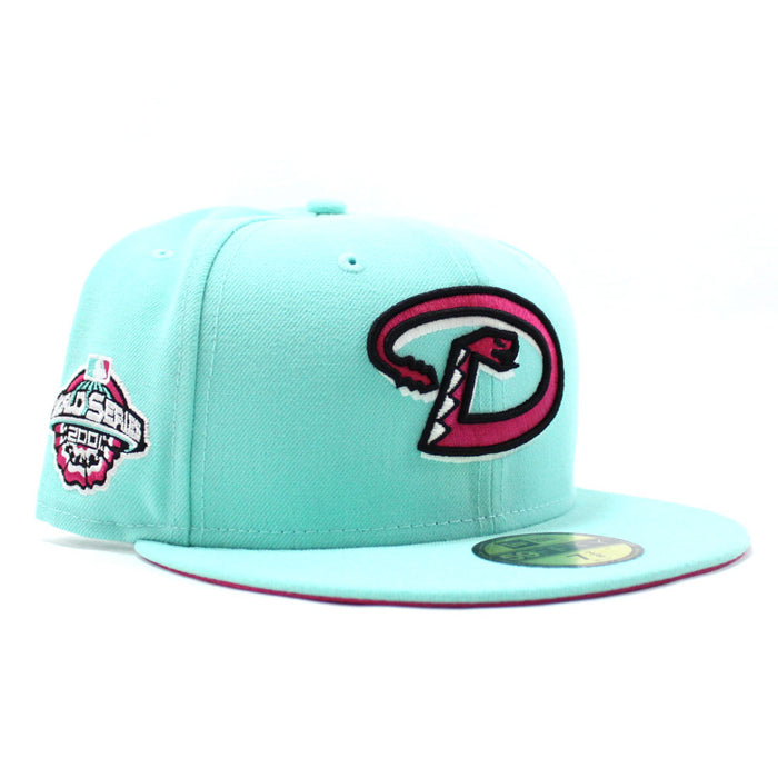 Arizona Diamondbacks 2001 World Series New Era 59Fifty Fitted Hat (D Logo Turquoise Pink Blast Under Brim)