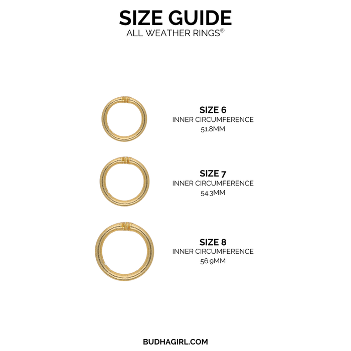 Size guide for Aura All Weather Rings (Set of 3) showing dimensions for sizes 6, 7, and 8.