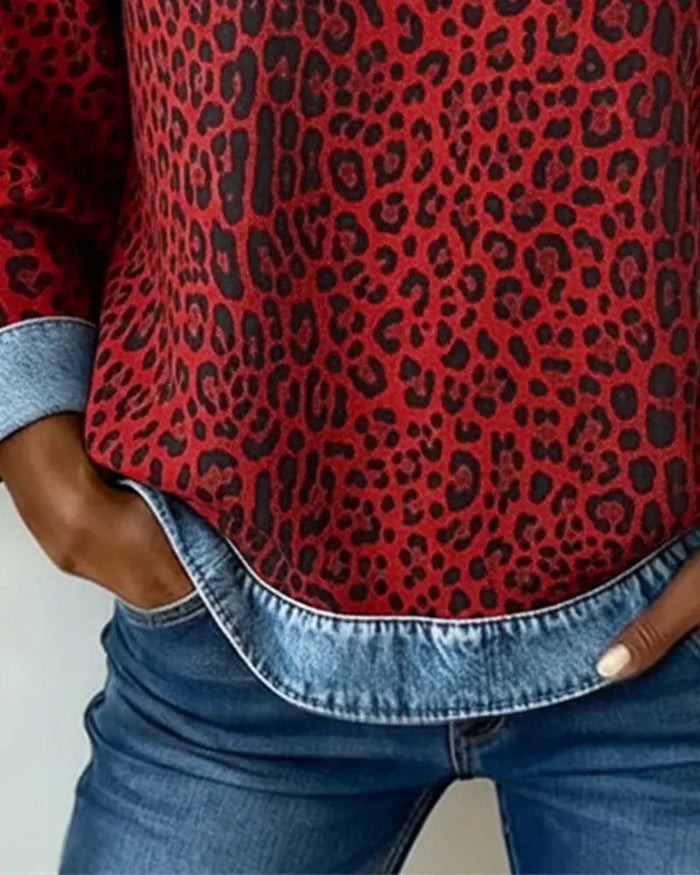 Averelisse - Pull Patchwork Léopard en Jean au Style Décontracté