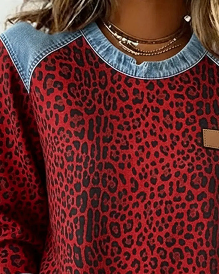 Averelisse - Pull Patchwork Léopard en Jean au Style Décontracté
