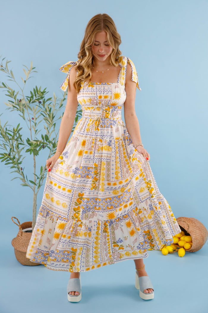 Bila77 Barcelona Dress- Women's Lemon Print Dress- Mediterranean Print Dress