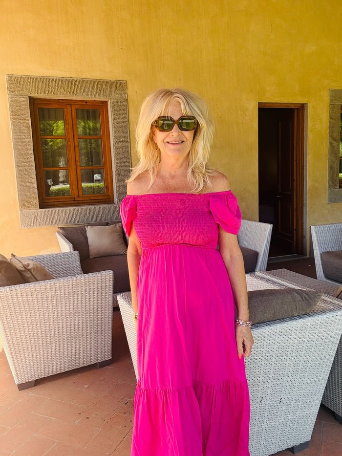 Bardot Smock Dress Midi Fuchsia