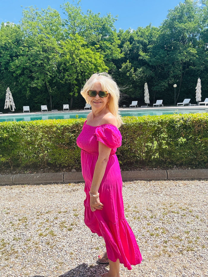 Bardot Smock Dress Midi Fuchsia