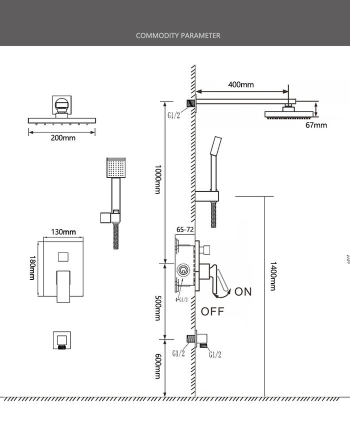 Bath/Shower  Mixer - Square Series + Wall Mount Raining Shower Head + Spout