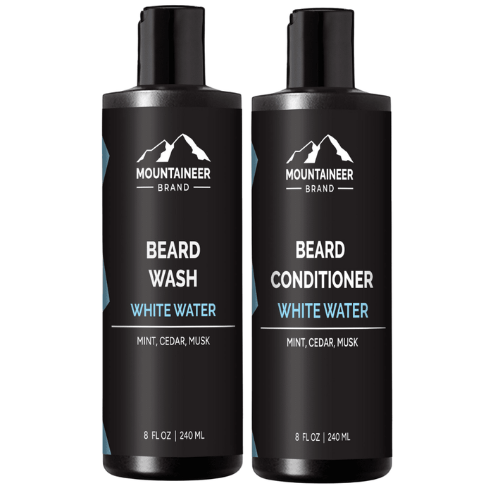 Two bottles of Mountaineer Brand Products' Beard Wash and Beard Conditioner Combo, perfect for the eco-conscious individual.