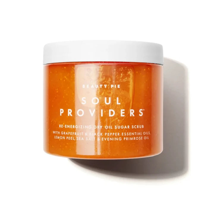Beauty Pie Soul Providers Jumbo Re-Energizing Dry Oil Sugar Body Scrub 475g, textured container with scrub product visible.