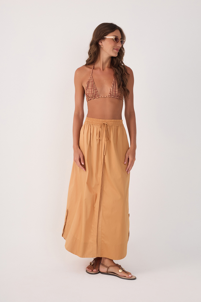 Beige Drawstring Side Slits Cotton Maxi Skirt