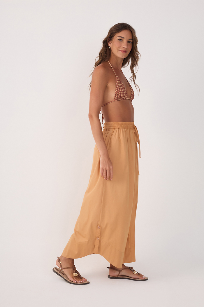 Beige Drawstring Side Slits Cotton Maxi Skirt_3