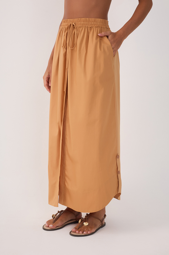 Beige Drawstring Side Slits Cotton Maxi Skirt_4