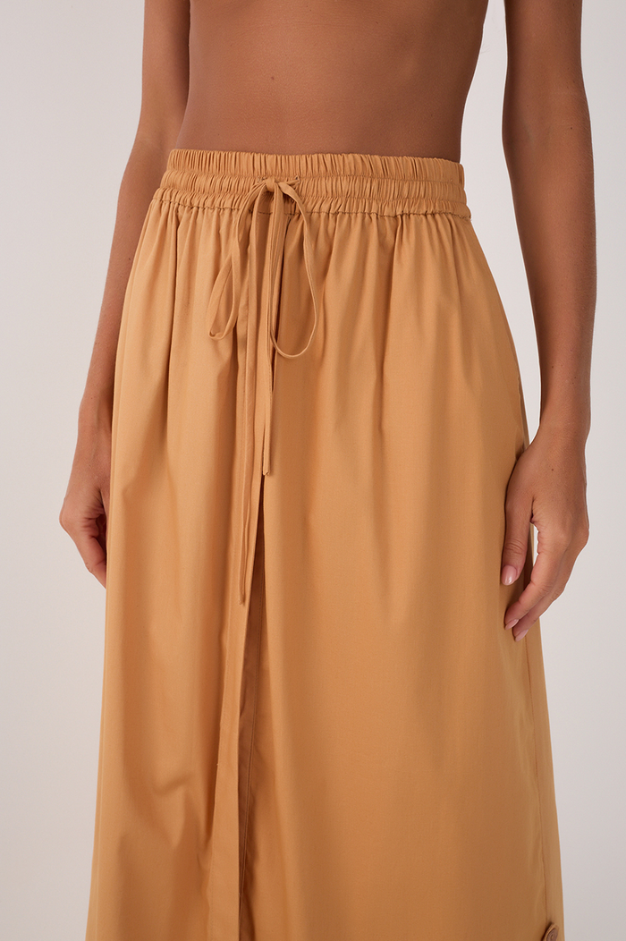 Beige Drawstring Side Slits Cotton Maxi Skirt_5