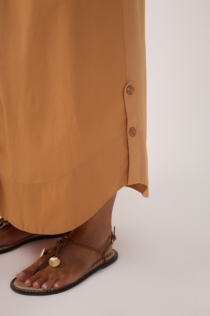 Beige Drawstring Side Slits Cotton Maxi Skirt_6