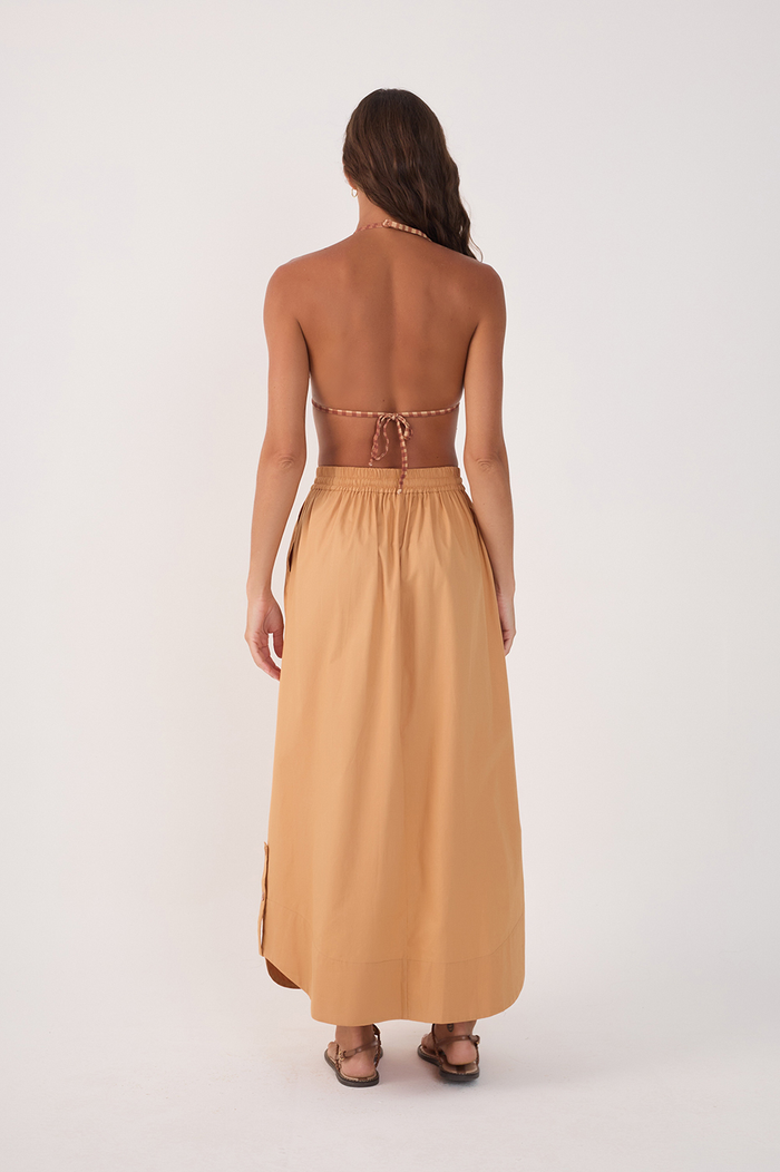Beige Drawstring Side Slits Cotton Maxi Skirt_7