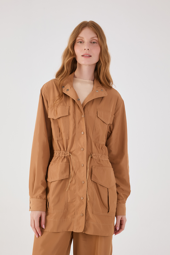 Beige Leme Adjustable Waist Buttoned Large Pockets Parka Jacket_2