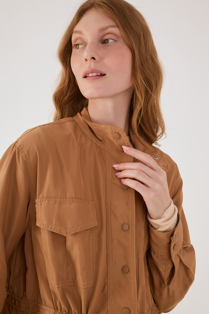 Beige Leme Adjustable Waist Buttoned Large Pockets Parka Jacket_3