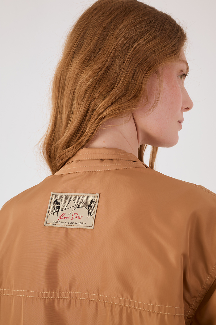 Beige Leme Adjustable Waist Buttoned Large Pockets Parka Jacket_6