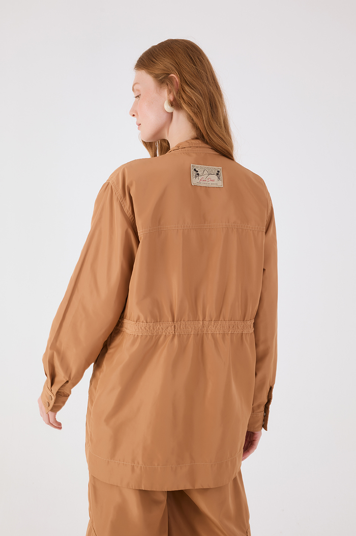 Beige Leme Adjustable Waist Buttoned Large Pockets Parka Jacket_7