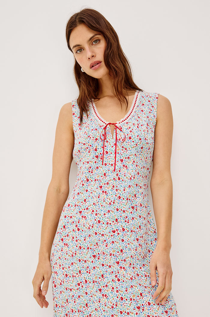 Bella Maxi Dress in Crepe With Fitted Bodice, A-Line Skirt, and Interlocking Ribbons at Lace Trim Scoop Neckline in Meadow Colorway - Full Body Front View Featured on Model