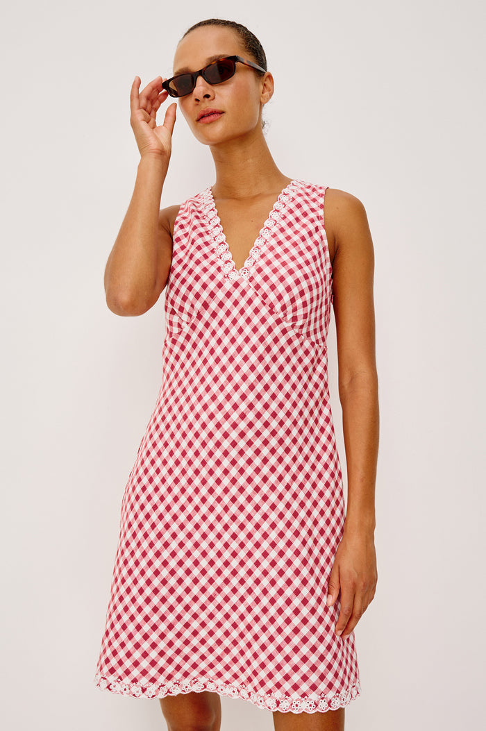 Bex Mini Dress in Heavy Linen With Embroidered V-Neckline, Sleeveless Design, and Bias Cut in Picnic Check Colorway - Full Body Front View Featured on Model