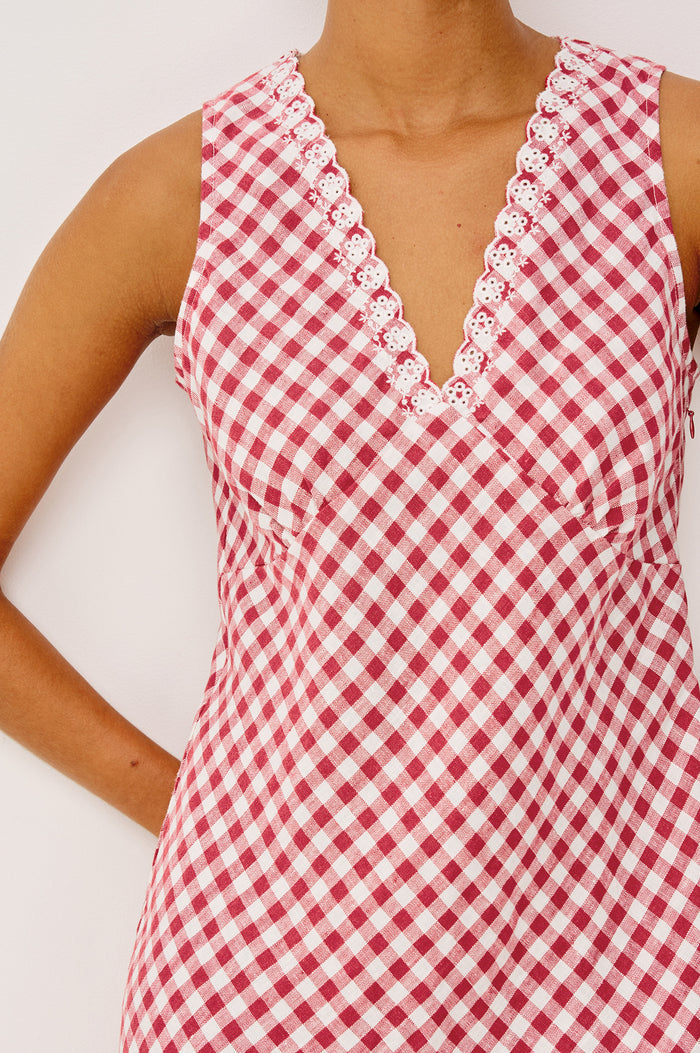 Bex Mini Dress in Heavy Linen With Embroidered V-Neckline, Sleeveless Design, and Bias Cut in Picnic Check Colorway - Upper Body Front View Featured on Model