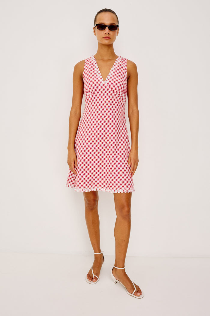 Bex Mini Dress in Heavy Linen With Embroidered V-Neckline, Sleeveless Design, and Bias Cut in Picnic Check Colorway - Full Body Front View Featured on Model
